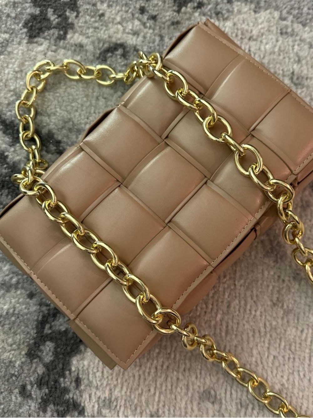 Quilted Faux Leather Chain Shoulder Bag in Tan with Gold Crossbody Chain